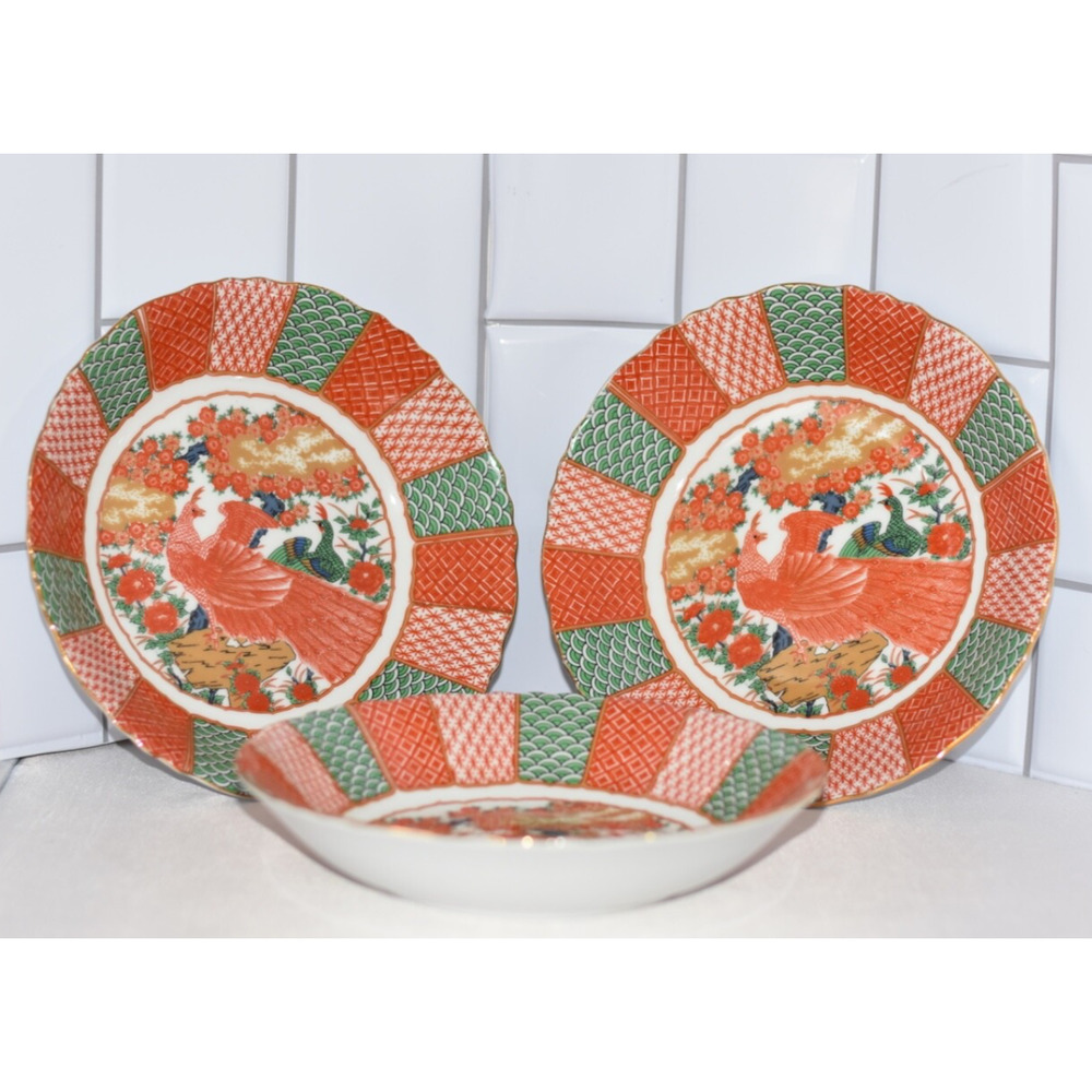 Arita Imari Peacock Porcelain Scalloped Coupe Porcelain Bowls - 3pc Set